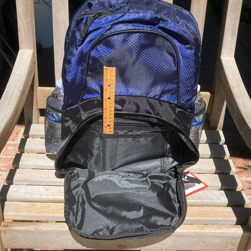 Reflective Blue Backpack Black Trim Side Pockets New